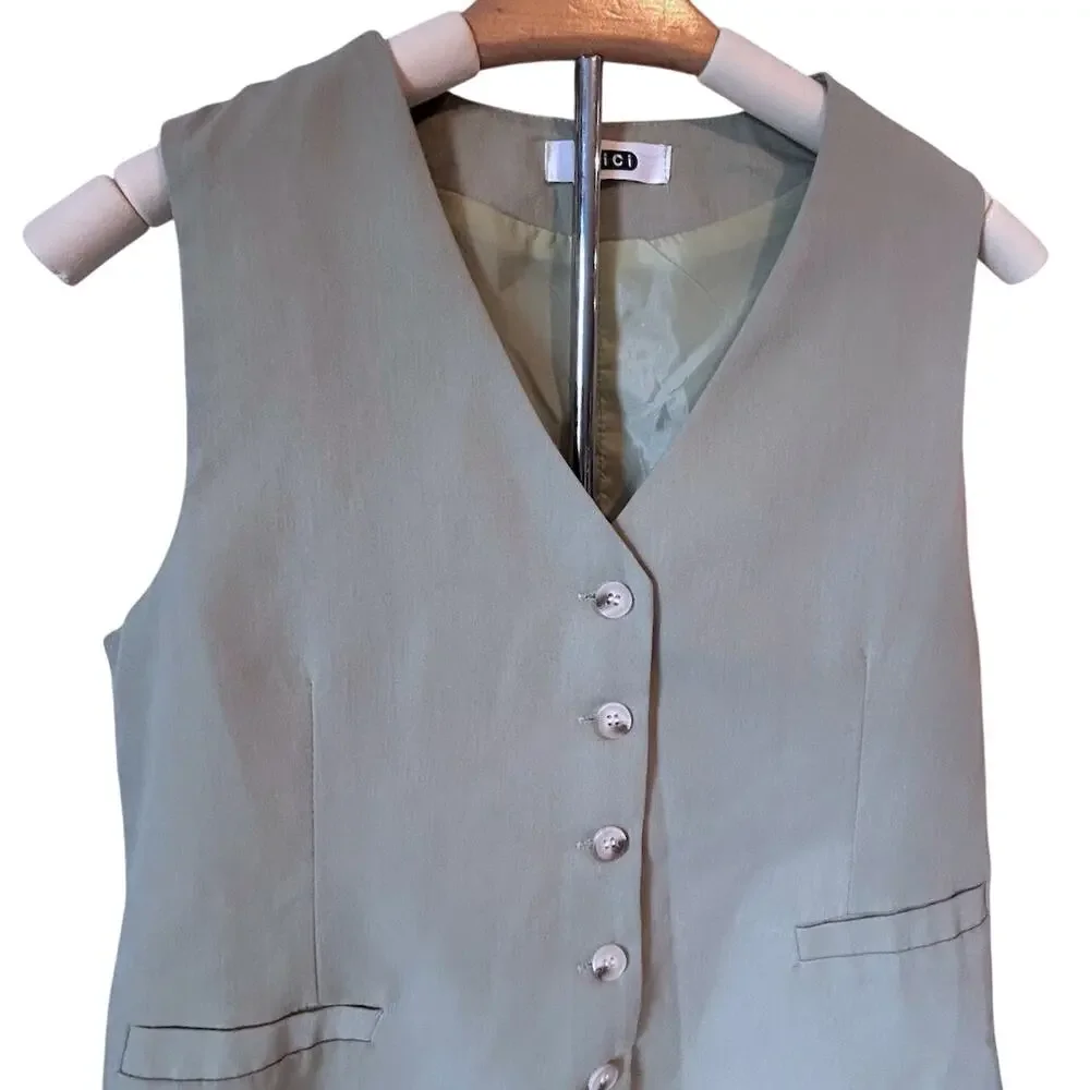 Vintage Light Sage Green Preppy Button Vest Minimalist Tailored Waistcoat SMALL - Picture 4 of 8